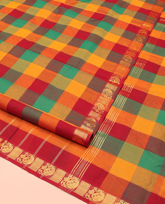 Multi-Color Palum Pazhamum Checked Nine-Yard Cotton Saree, Highlighted by a Zari Design Border, Subtle Pallu of Stripes, and Comes Without a Blouse