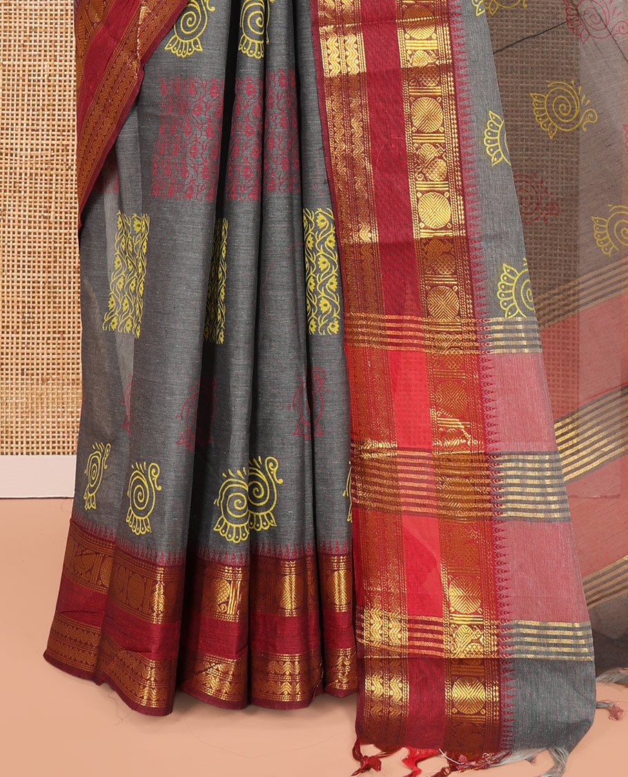 Grey-Red Andhra Cotton Saree, Decorated with Motifs Print, a Contrast Rettai Pettu Traditional Border, Pallu of Stripes, and Contrast Blouse