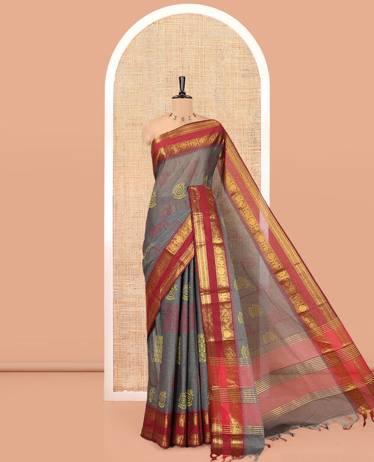 Grey-Red Andhra Cotton Saree, Decorated with Motifs Print, a Contrast Rettai Pettu Traditional Border, Pallu of Stripes, and Contrast Blouse