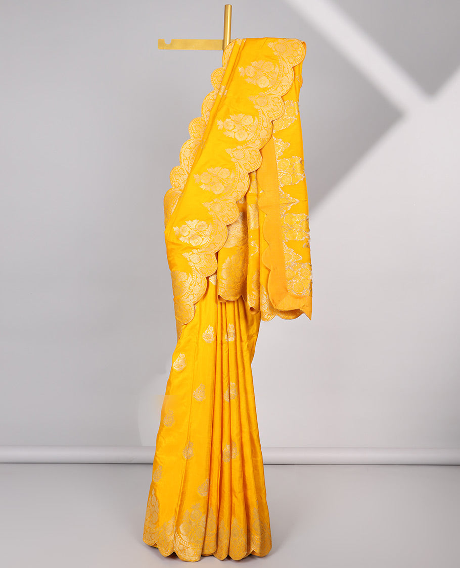 Yellow floral motifs semi-banaras dola silk saree with scallop border & peacock design pallu