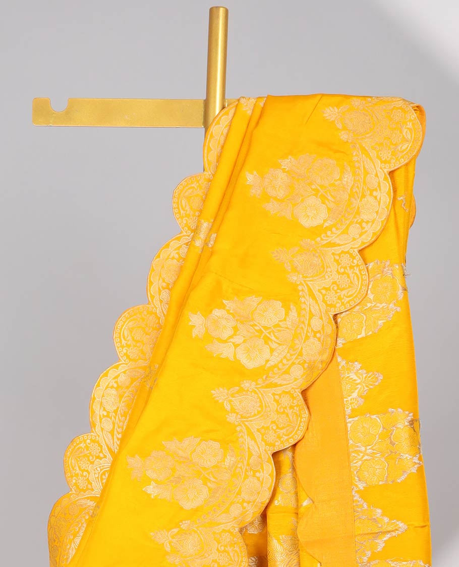 Yellow floral motifs semi-banaras dola silk saree with scallop border & peacock design pallu