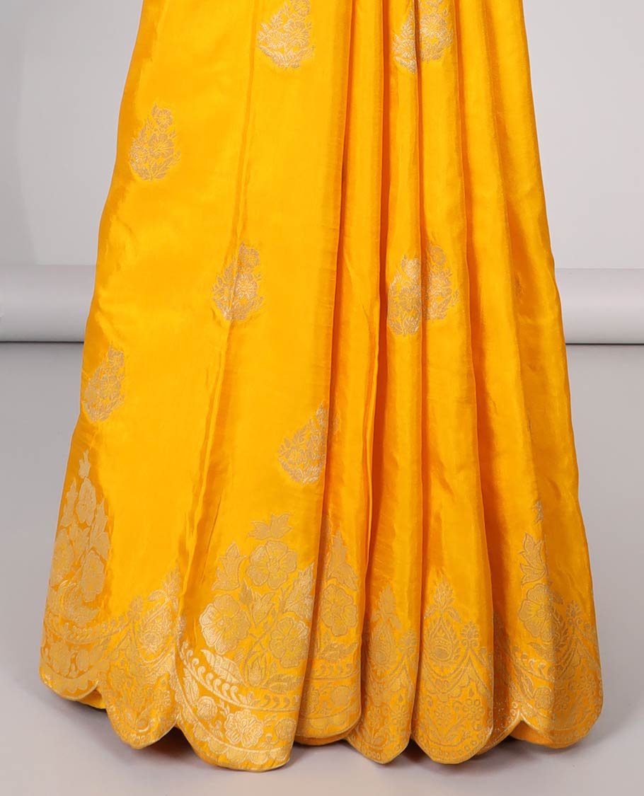 Yellow floral motifs semi-banaras dola silk saree with scallop border & peacock design pallu