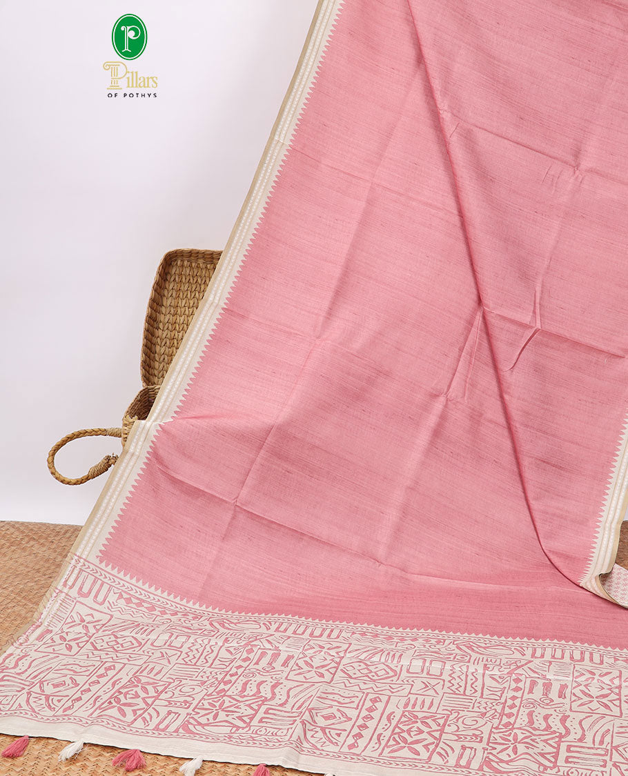 Pink semi-banaras tussar saree with contrast striped border & egypt theme pallu
