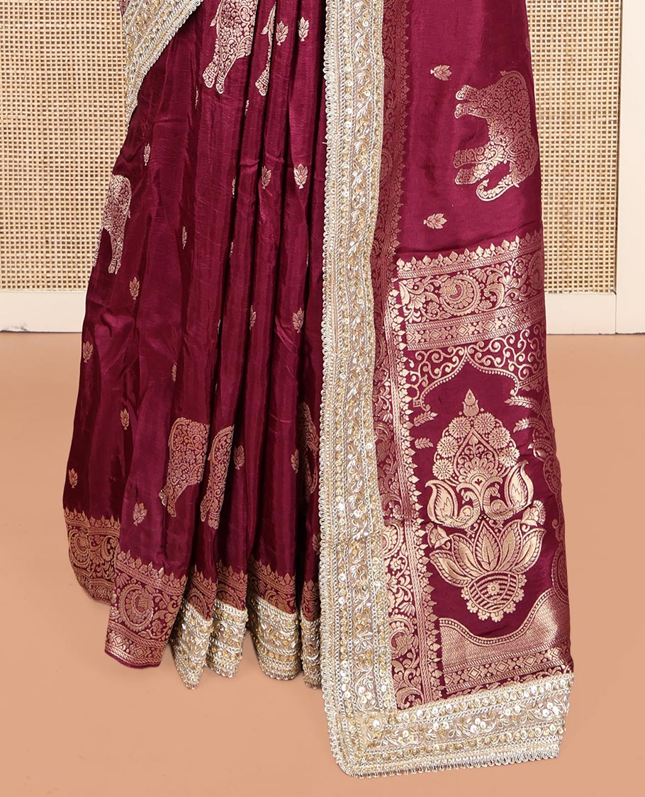 Wine Elephant Buttas Russian Dola Silksaree,Embroidery Patch Border,Matching Blouse