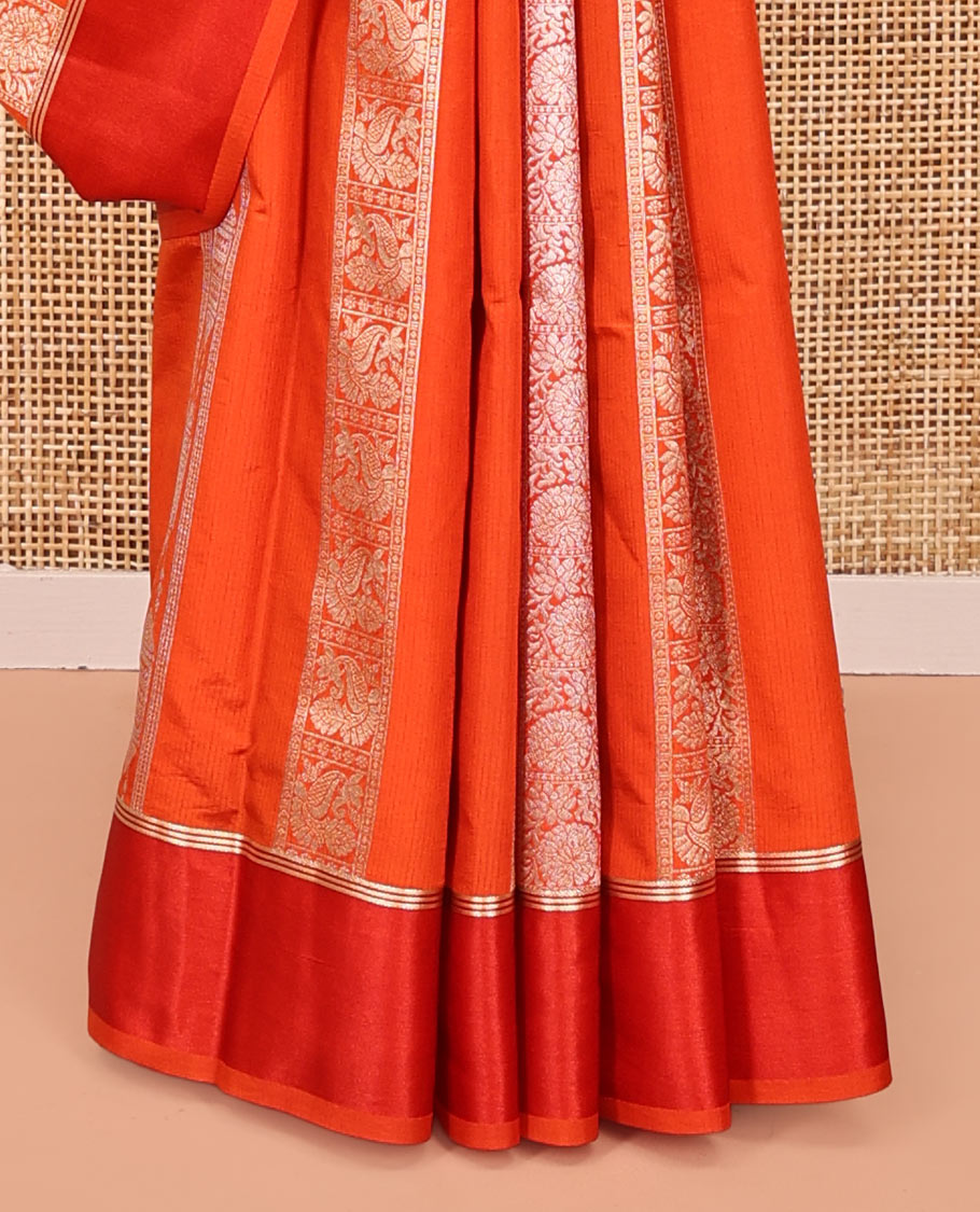 Orange Dupion Silk Saree, Richly Features Vertically Woven Traditional Patterns in Zari, Complemented by Contrast Zari Satin Border, Rich Pallu, and Paired with a Matching Blouse