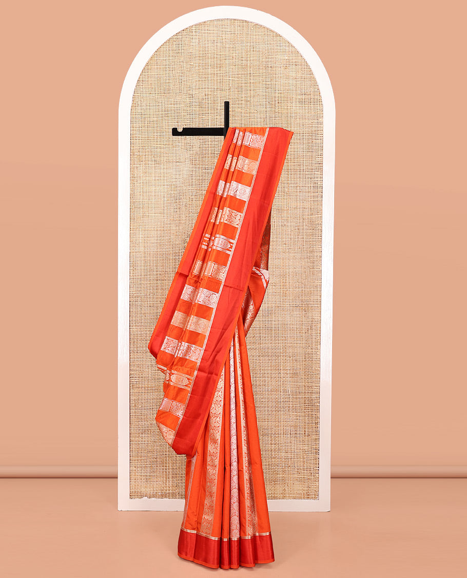 Orange Dupion Silk Saree, Richly Features Vertically Woven Traditional Patterns in Zari, Complemented by Contrast Zari Satin Border, Rich Pallu, and Paired with a Matching Blouse
