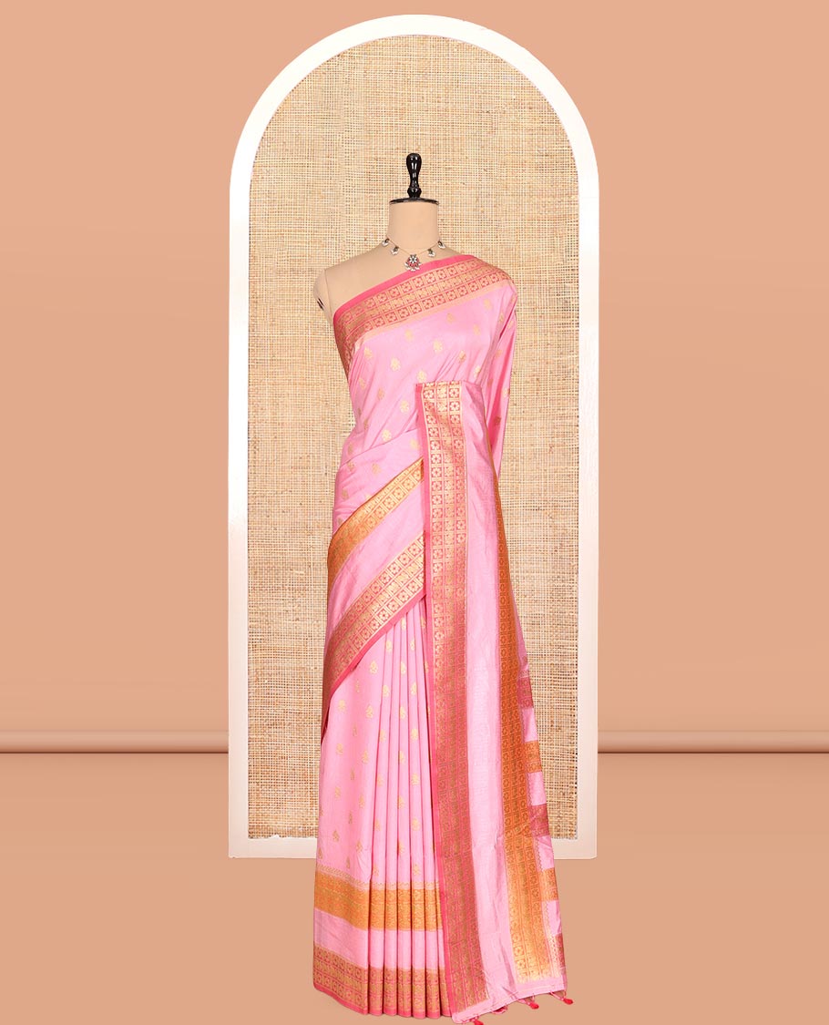 Baby Pink Fancy Raw Silk Saree, Subtly Woven with Buttas, Peacock-Flower Traditional Border, and a Matching Blouse