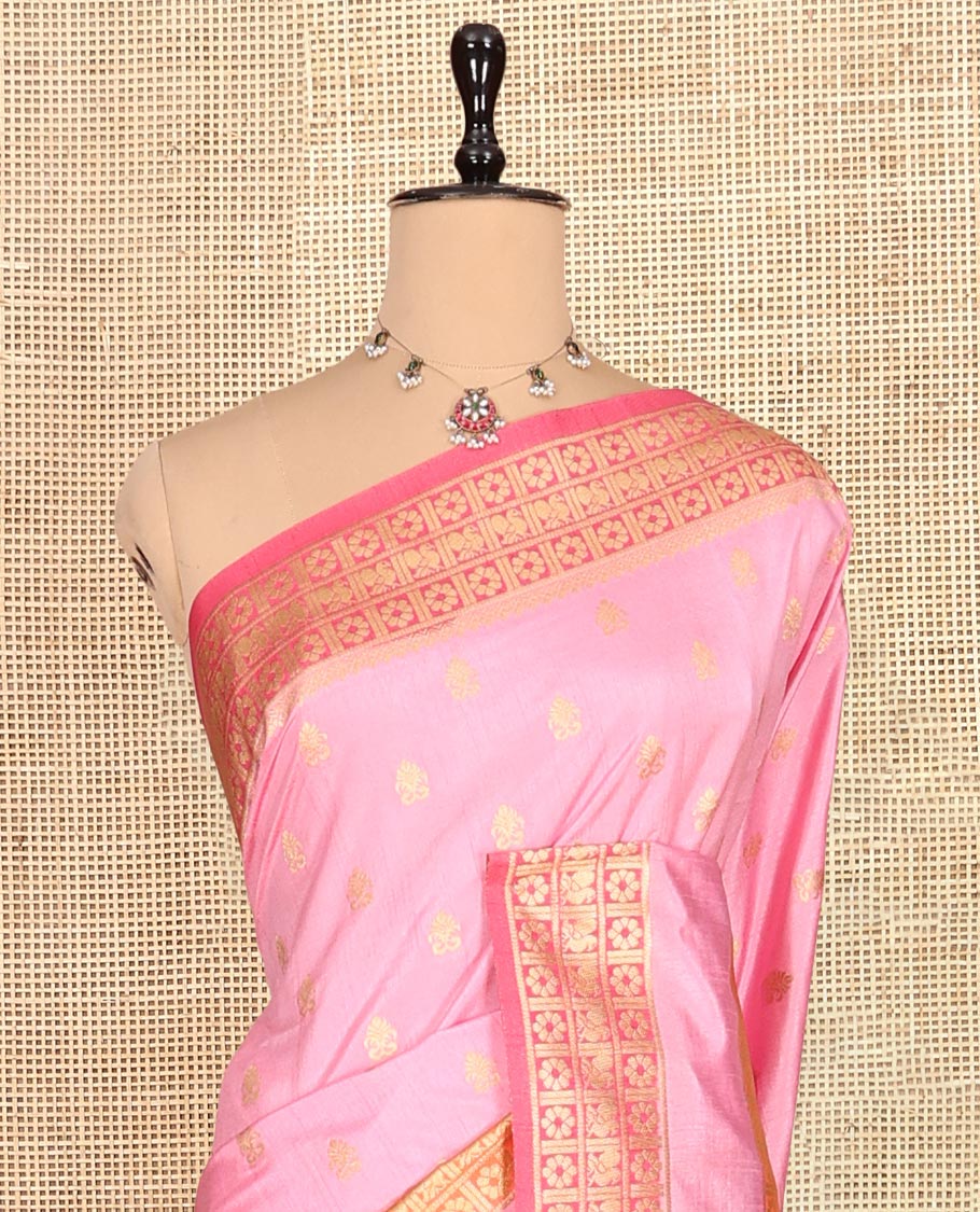 Baby Pink Fancy Raw Silk Saree, Subtly Woven with Buttas, Peacock-Flower Traditional Border, and a Matching Blouse