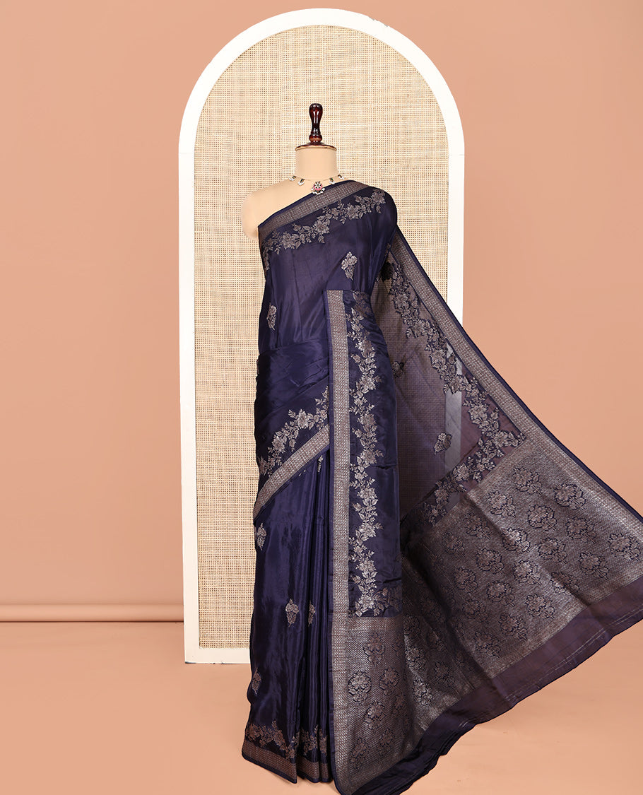 Navy Blue HO-Silk Saree, Adorned with Floral Zari Buttas All Over Its Body, Highlighted by Self-Border of Floral Creeper Designs, Floral Jaal Pallu and Paired with a Plain Blouse