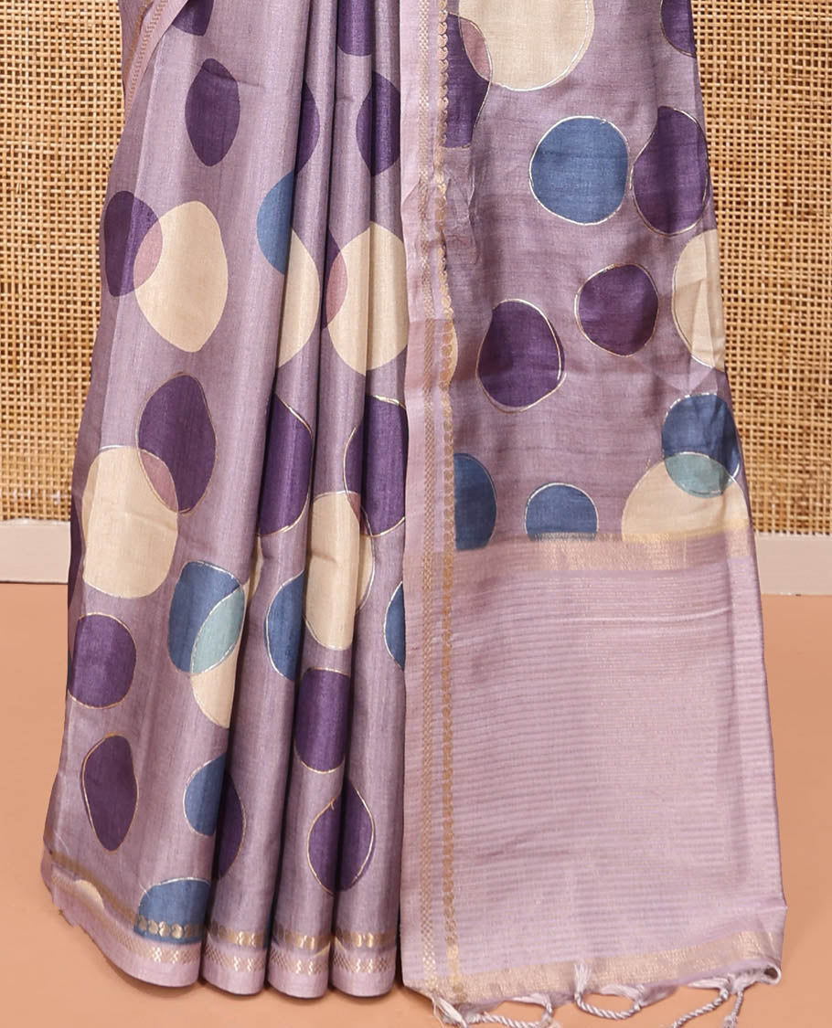 Lavender Fancy Tussar Saree With Polka Dots, Zari Border, Pallu, and Blouse