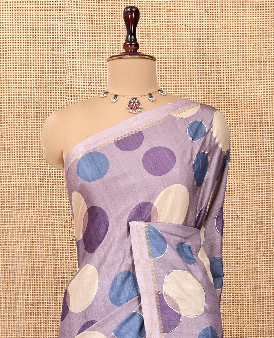 Lavender Fancy Tussar Saree With Polka Dots, Zari Border, Pallu, and Blouse
