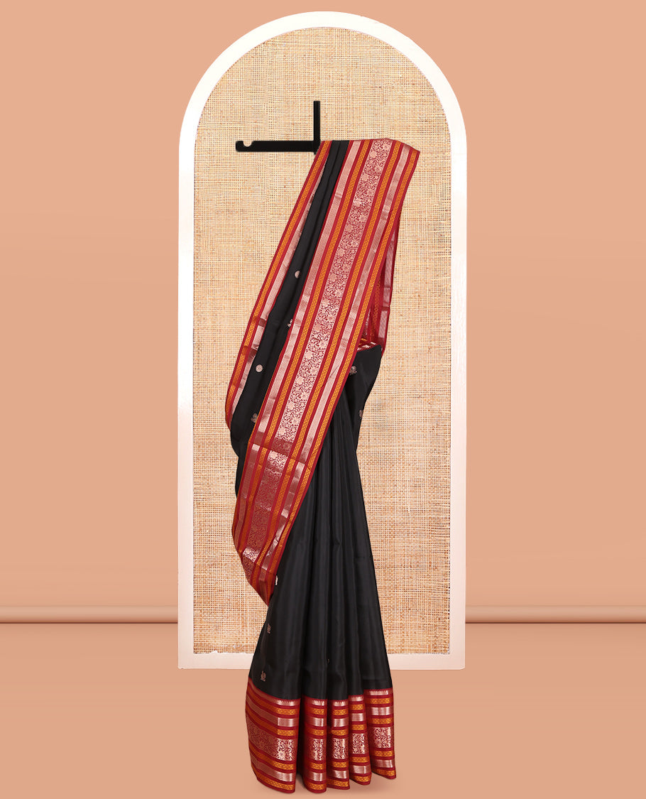 Black Mayil-Chakra Buttas Vasundhara Lite Silk Mix Saree, Contrast Traditional Zari Border, and a Contrast Blouse