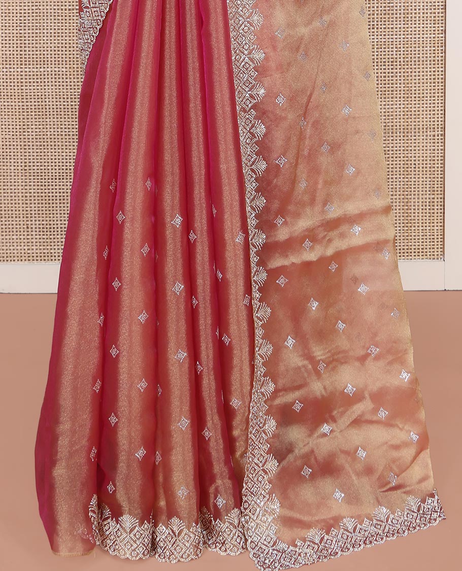 Pink Designer Saree, Dazzled with Stone Embroidered Buttas on Its Body, Highlighted by a Scallop Stone Work Border, Pallu of Stone Embroidered Buttas, and Paired with a Matching Blouse