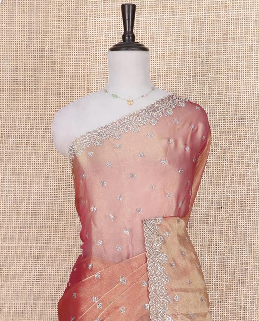 Pink Designer Saree, Dazzled with Stone Embroidered Buttas on Its Body, Highlighted by a Scallop Stone Work Border, Pallu of Stone Embroidered Buttas, and Paired with a Matching Blouse