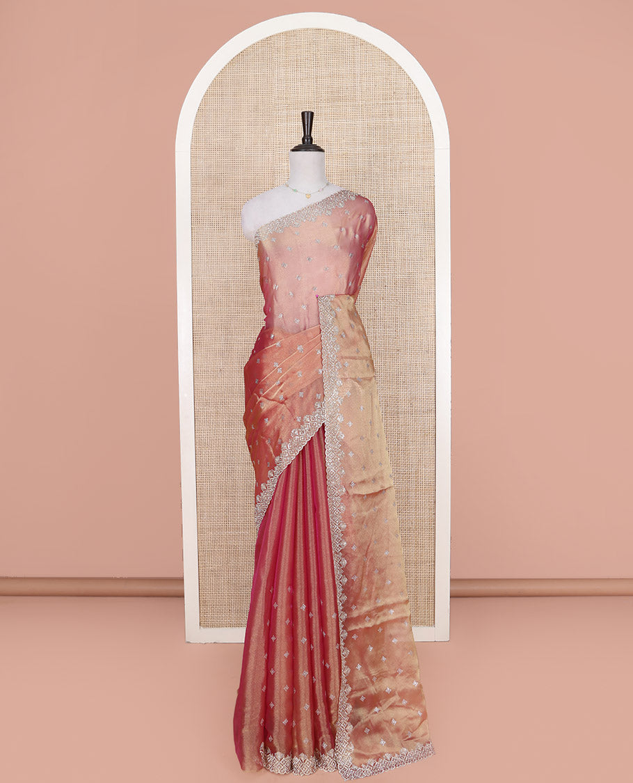 Pink Designer Saree, Dazzled with Stone Embroidered Buttas on Its Body, Highlighted by a Scallop Stone Work Border, Pallu of Stone Embroidered Buttas, and Paired with a Matching Blouse