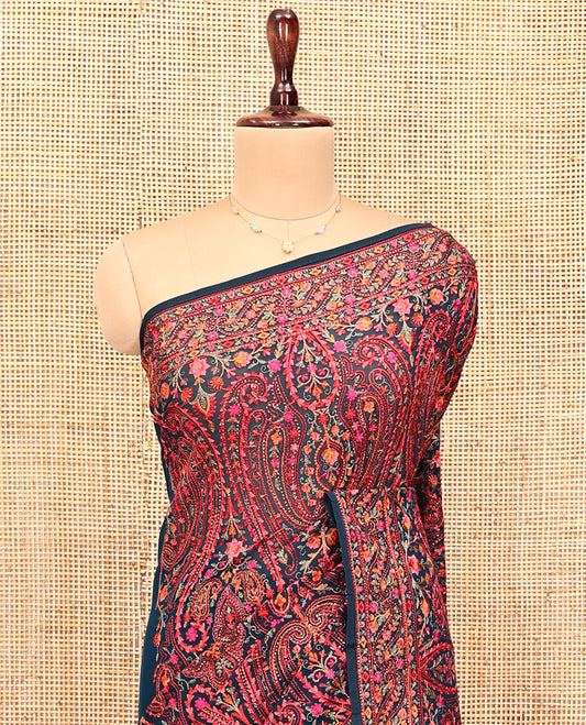 Blue Designer Saree, Delicately Woven with Paisley Mixed Embroidery, a Scallop Mixed Embroidered Border, and a Matching Blouse