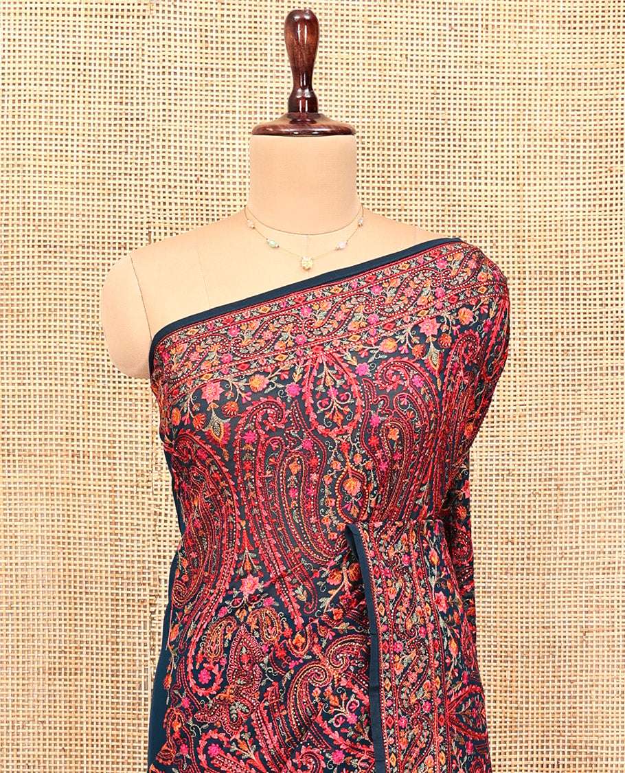 Blue Designer Saree, Delicately Woven with Paisley Mixed Embroidery, a Scallop Mixed Embroidered Border, and a Matching Blouse