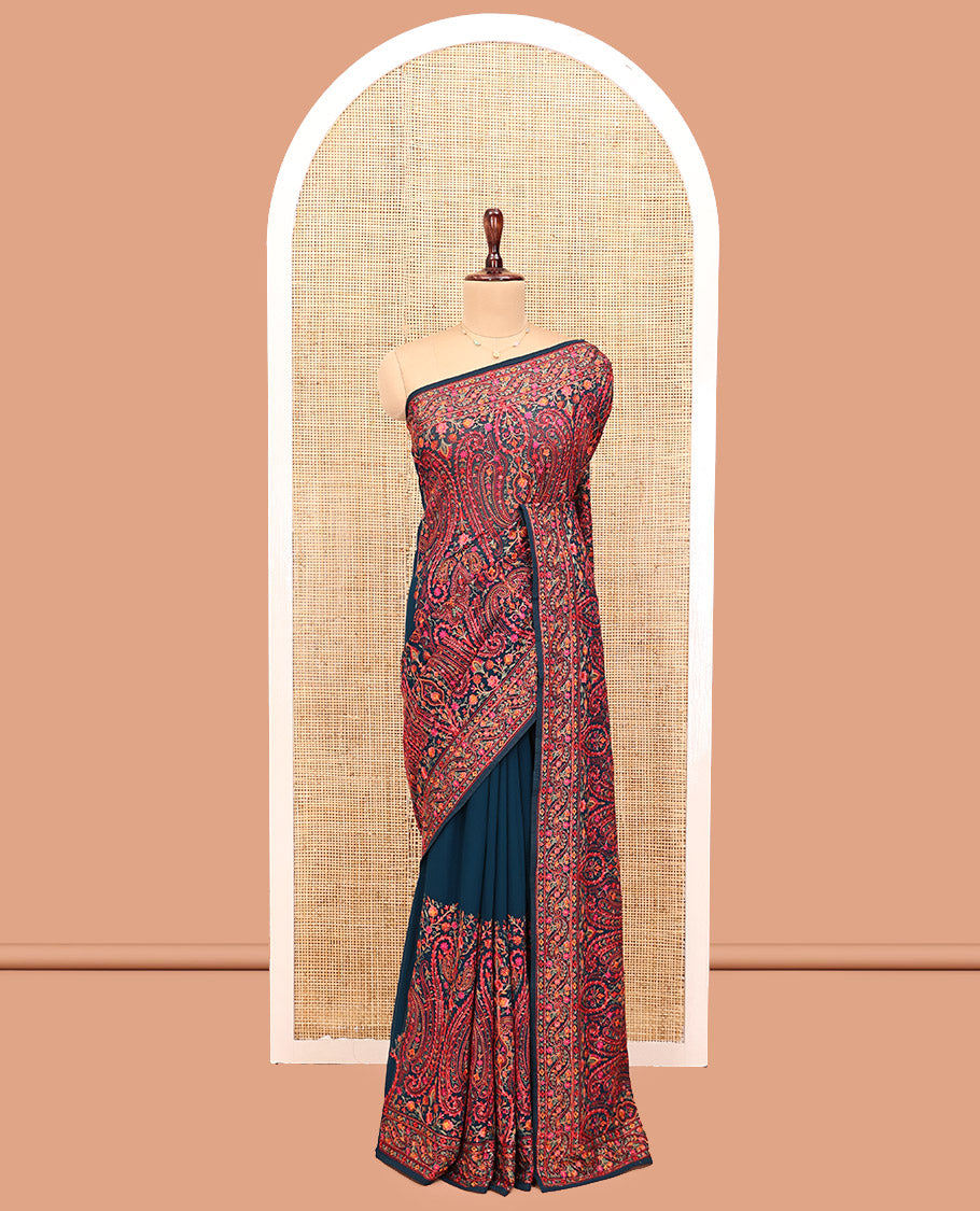 Blue Designer Saree, Delicately Woven with Paisley Mixed Embroidery, a Scallop Mixed Embroidered Border, and a Matching Blouse