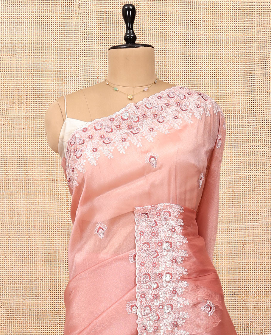 Pink Organza Saree, Spotlighted with Floral Thread Buttas, Scallop Floral Embroidery Border, and Matching Blouse
