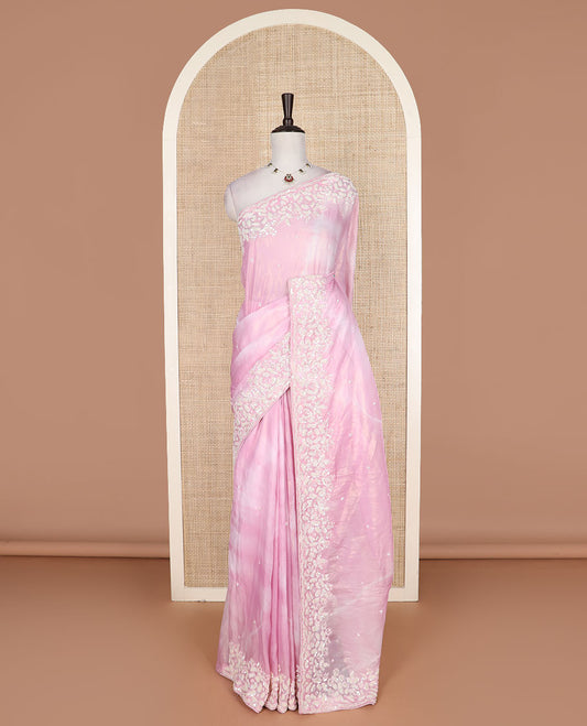 Pink abstract printed with embroidered designer saree, floral designs beads embroidered scallop border