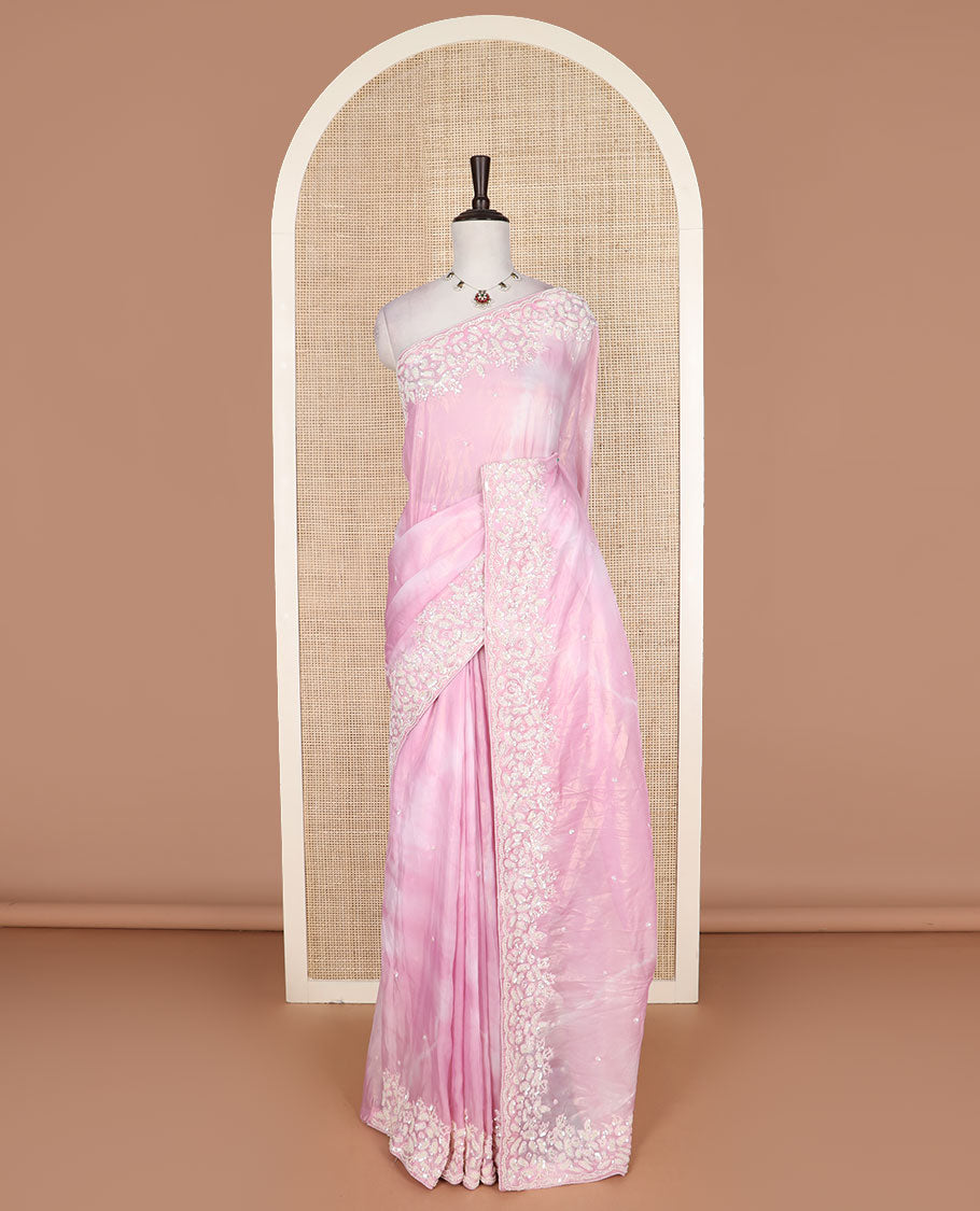 Pink abstract printed with embroidered designer saree, floral designs beads embroidered scallop border