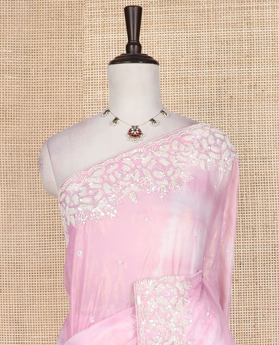 Pink abstract printed with embroidered designer saree, floral designs beads embroidered scallop border