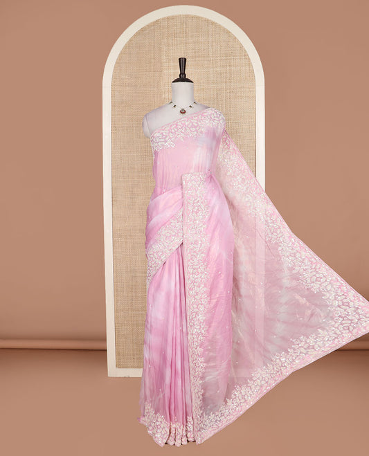 Pink abstract printed with embroidered designer saree, floral designs beads embroidered scallop border