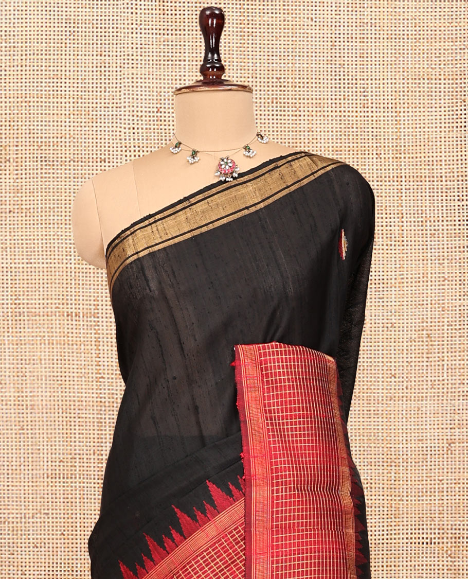 Black Dupion Silk Saree, Subtly Enriched with Buttas, Complemented by Contrast Temple-Checked Border, Temple Pallu, and a Contrast Blouse