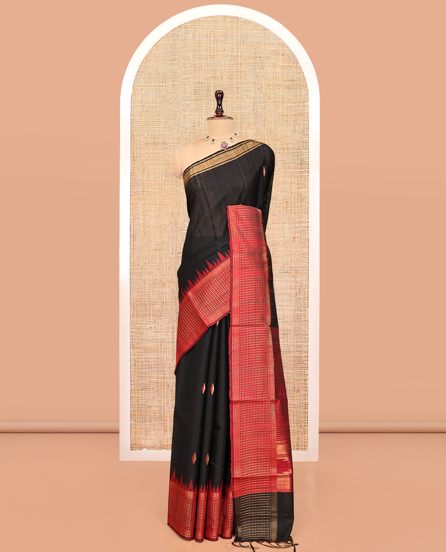 Black Dupion Silk Saree, Subtly Enriched with Buttas, Complemented by Contrast Temple-Checked Border, Temple Pallu, and a Contrast Blouse