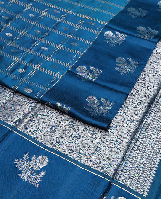 Blue checkered, floral motifs raw mango silk saree with self floral design border & jaal design pallu