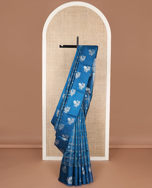 Blue checkered, floral motifs raw mango silk saree with self floral design border & jaal design pallu