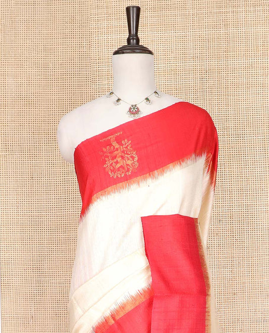 Cream Dupion Silk Saree, Subtly Woven with Buttas on Its Body, Complemented by a Contrast Border of Tree Motifs in Zari, Sparsely Woven Pallu, and Paired with a Contrast Blouse
