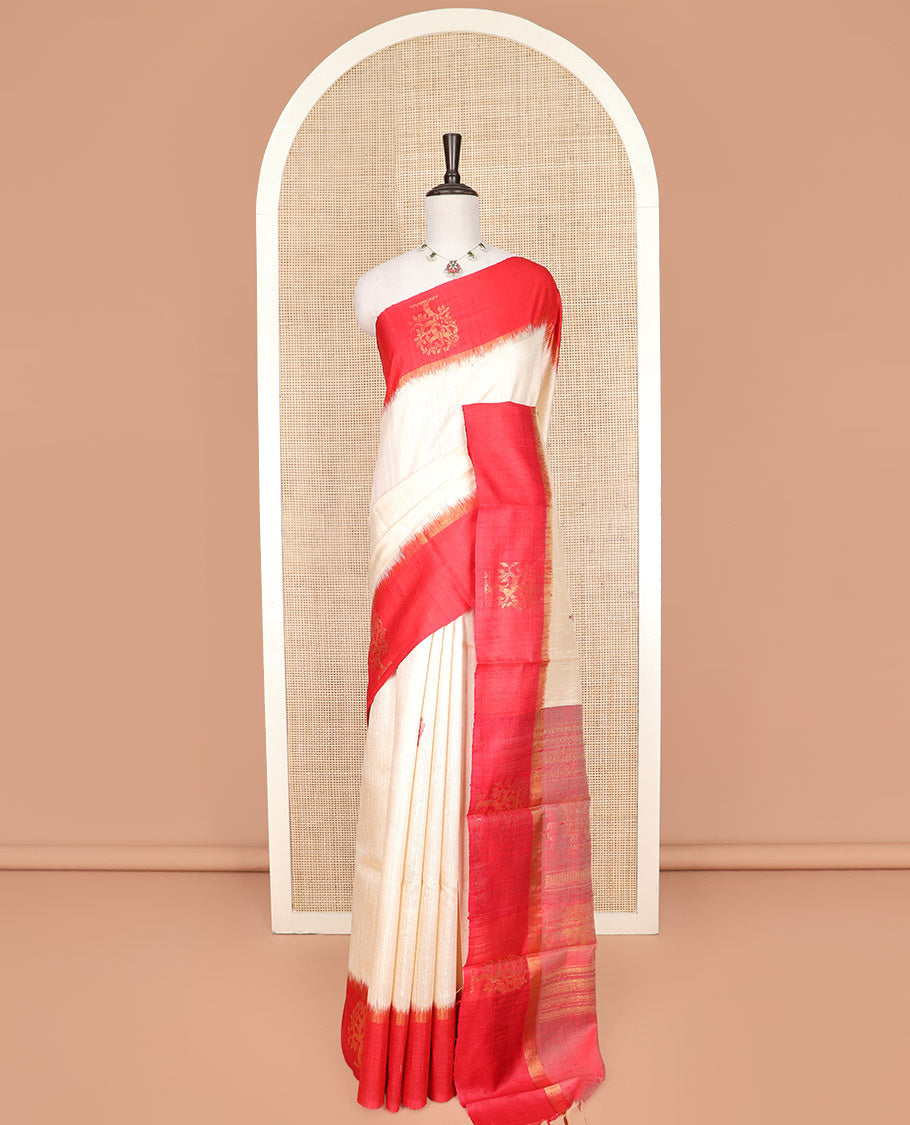 Cream Dupion Silk Saree, Subtly Woven with Buttas on Its Body, Complemented by a Contrast Border of Tree Motifs in Zari, Sparsely Woven Pallu, and Paired with a Contrast Blouse