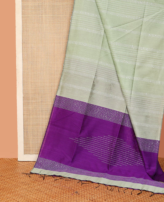 Borderless pale green sequins striped dupion saree, contrast sequins striped pallu