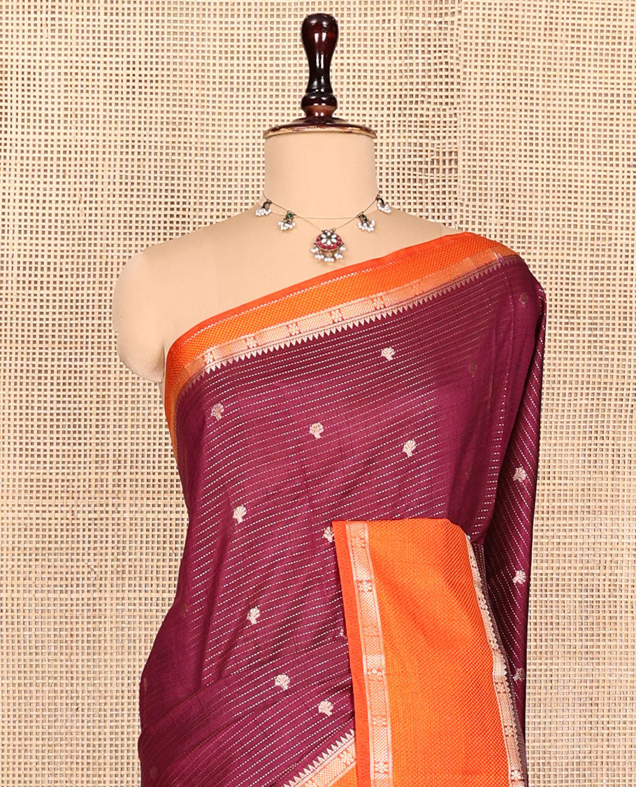 Maroon Semi-Banarasi Dupion Saree, Detailed with Zari Stripes and Buttas, a Contrast Traditional Zari Design Border, Striped Pallu, and a Contrast Blouse