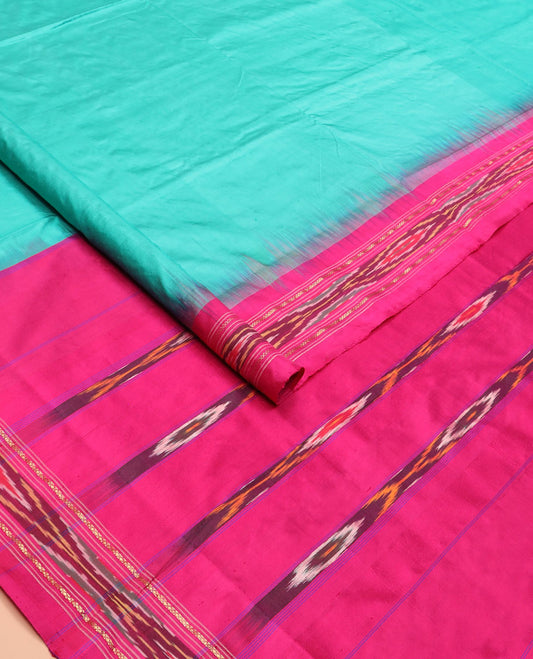 Turquoise Plain Ikkat Silk Saree with a Contrast Pink Border Completed by a Hazy Ikkat Weave, Featuring a Pallu with Stripes and Ikkat Texture