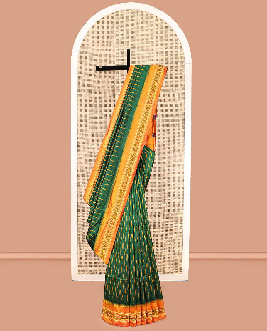 Green Pochampally Ikat Silk Saree, Embellished with Ikat Buttas, Complemented by a Contrast Ikat Border, Ikat-Style Pallu, and No Blouse