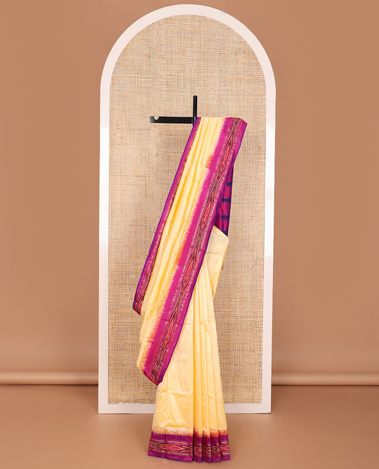 Yellow plain design ikkat saree, contrast ikkat border & pallu of ikkat designs