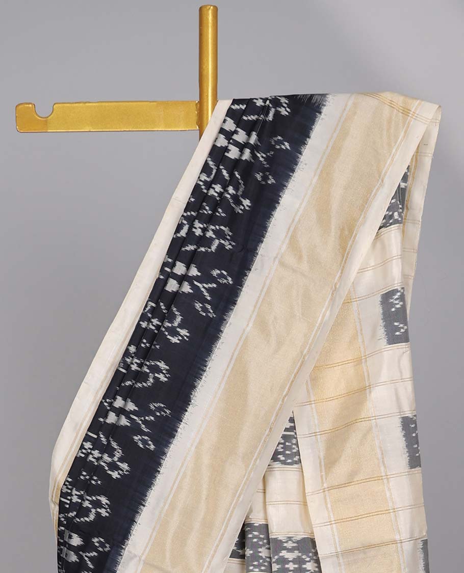Black intricate floral design ikkat silk saree with contrast plain border & striped , intricate design pallu