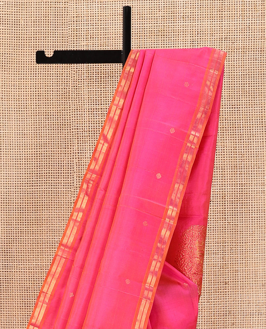 Pink Kanchipuram Silk Saree, Decked Up with Zari Buttas All Over Its Body, Complemented by Contrast Zari Piping Border, Pallu of Big Paisleys, and Paired with a Matching Blouse