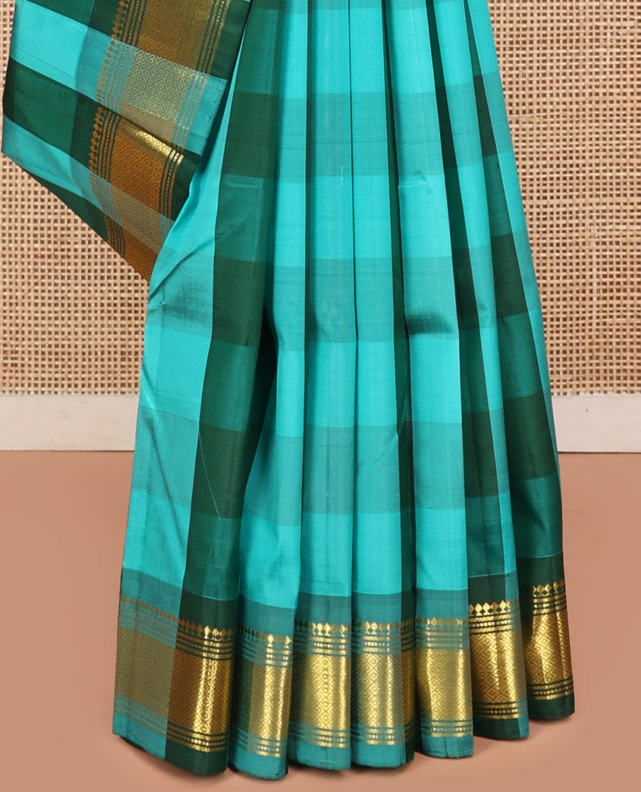 Multi-Color Kanchipuram Silk Saree, Highlighted by Checks, a One-Sided Border of Paneer Sombu, Banaras, Muthu, and Mayil Kann Design, Zari-Woven Pallu, and No Blouse