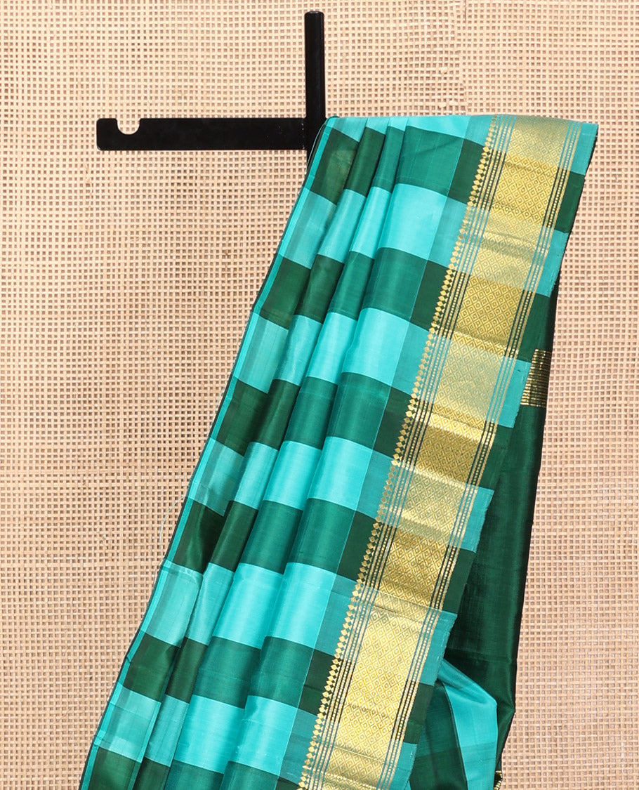 Multi-Color Kanchipuram Silk Saree, Highlighted by Checks, a One-Sided Border of Paneer Sombu, Banaras, Muthu, and Mayil Kann Design, Zari-Woven Pallu, and No Blouse