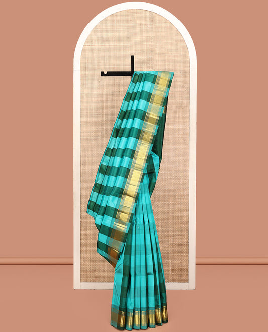 Multi-Color Kanchipuram Silk Saree, Highlighted by Checks, a One-Sided Border of Paneer Sombu, Banaras, Muthu, and Mayil Kann Design, Zari-Woven Pallu, and No Blouse