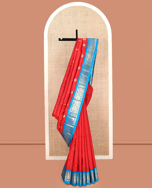 Red Kanchipuram Silk Saree, Spotlighted with Zari Buttas, Contrast Korvai Border of Banaras, Floral and Paisley, Pallu of Floral Design, and No Blouse
