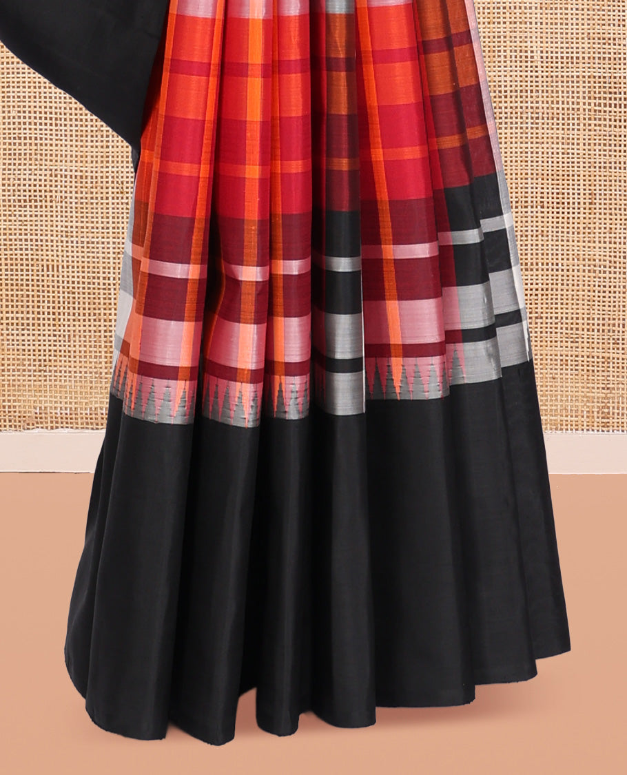Multi-Color Checked Kanchipuram Silk Saree, a Complemented by a Contrast Thazampoo Rekku Border, Zari Design Pallu, and Contrast Blouse