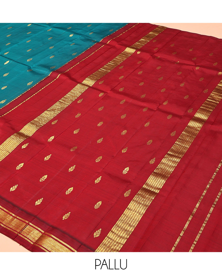 Rama Kanchipuram Silk Saree, Accentuated with Zari Buttas, Complemented by a Contrast One-Sided Korvai Border of Banaras, and Jaal Designs, Zari Design Pallu, and No Blouse