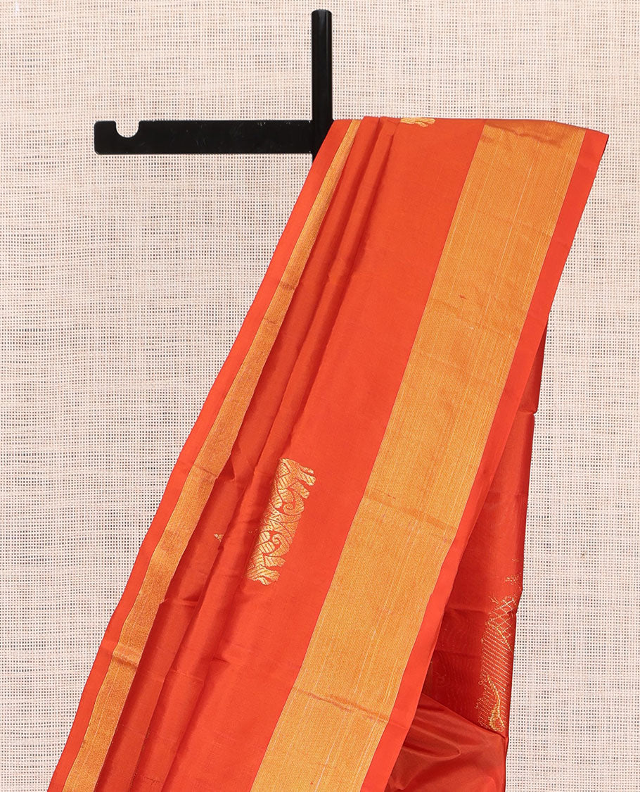 Orange Kanchipuram Silk Saree, Woven with Yaanai Buttas, Highlighted by Zari Border, Pallu of Yaanai Design, and a Matching Blouse