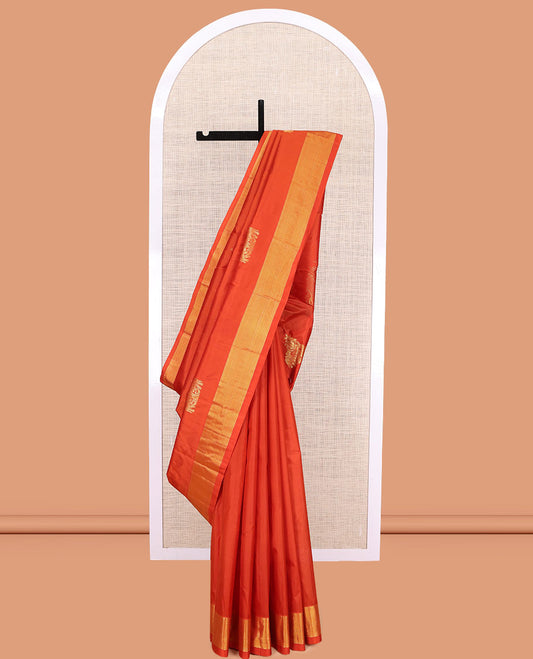 Orange Kanchipuram Silk Saree, Woven with Yaanai Buttas, Highlighted by Zari Border, Pallu of Yaanai Design, and a Matching Blouse