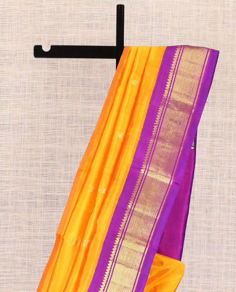 Yellow Kanchipuram Silk Saree, Gleamed Up with Zari Buttas, a Contrast Korvai Border of Thilakam Mokku, Banaras, and Jaal Designs, Zari Woven Pallu, and No Blouse