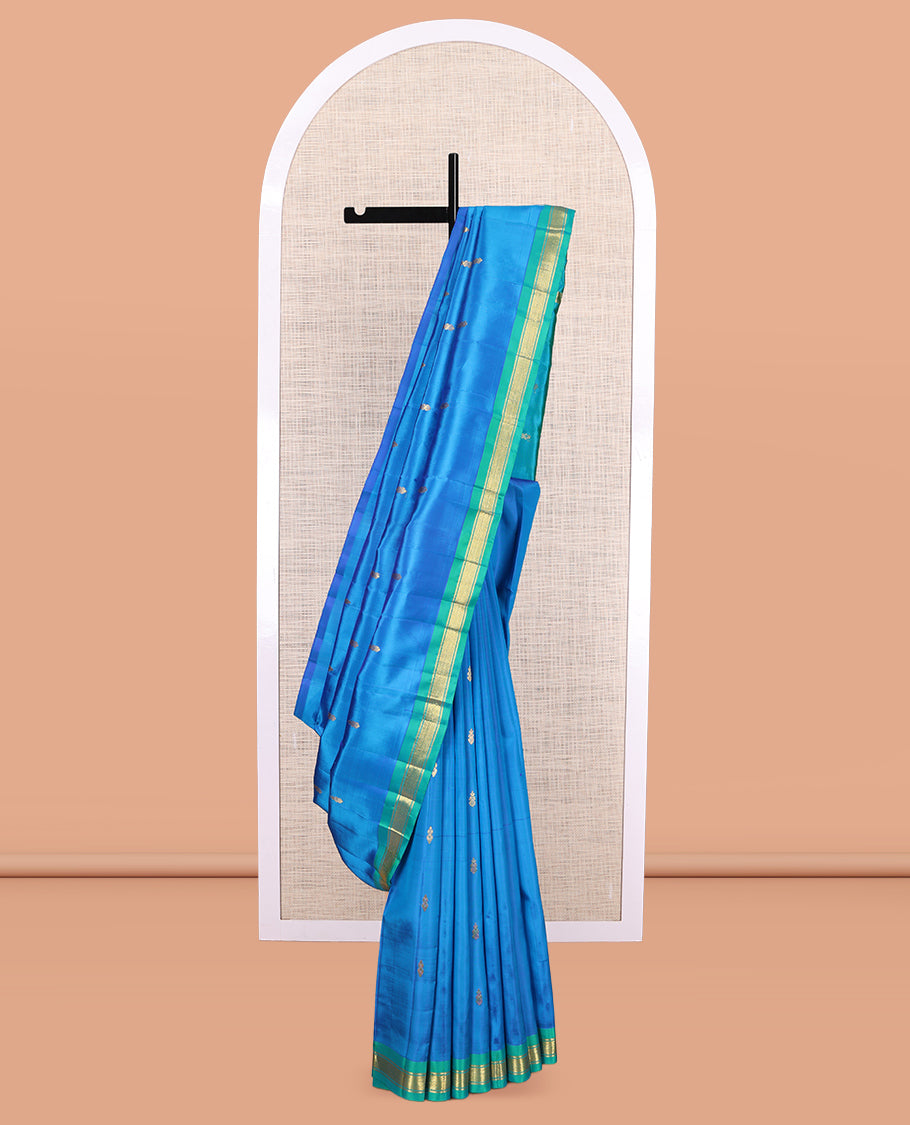 Blue Kanchipuram Silk Saree, Woven with Zari Buttas, a Contrast One-Sided Border of  Banaras, and Mayil Kann Designs, Zari Design Pallu, and No Blouse
